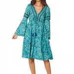 Robe bohème mi-longue turquoise à manches longues - RLIP0603B