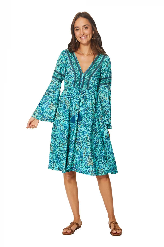 Robe bohème mi-longue turquoise à manches longues - RLIP0603B – Image 1