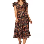 Robe bohème mi-longue Noire à fleurs colorées - RLIP0295C