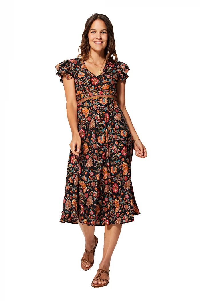 Robe bohème mi-longue Noire à fleurs colorées - RLIP0295C – Image 1
