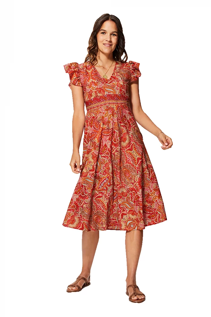 Robe bohème mi-longue Orange à motifs - RLIP0295D – Image 1