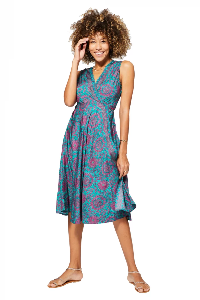 Robe mi-longue sans manches turquoise et rose - RLIP0296B – Image 1