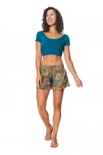 Short beige motif boho vert et bleu à volant - SIP0045B