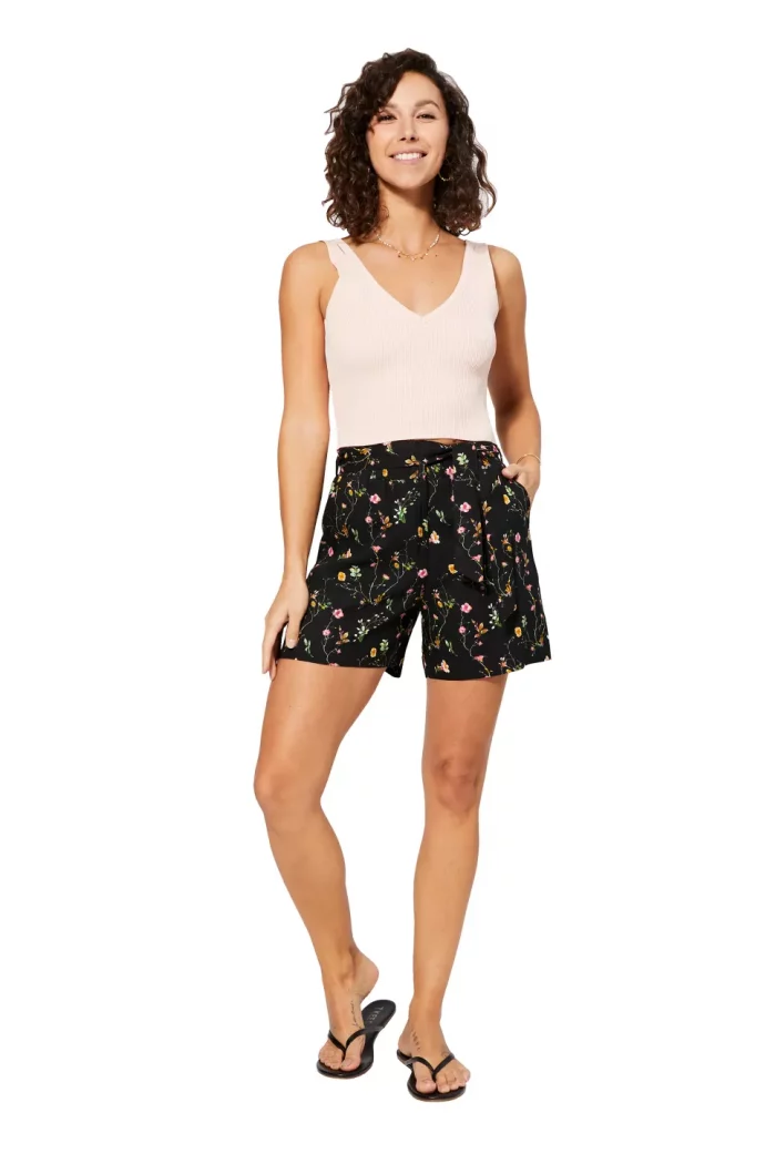 Short noir à petites fleurs rose et jaune - SIPV0001B – Image 1