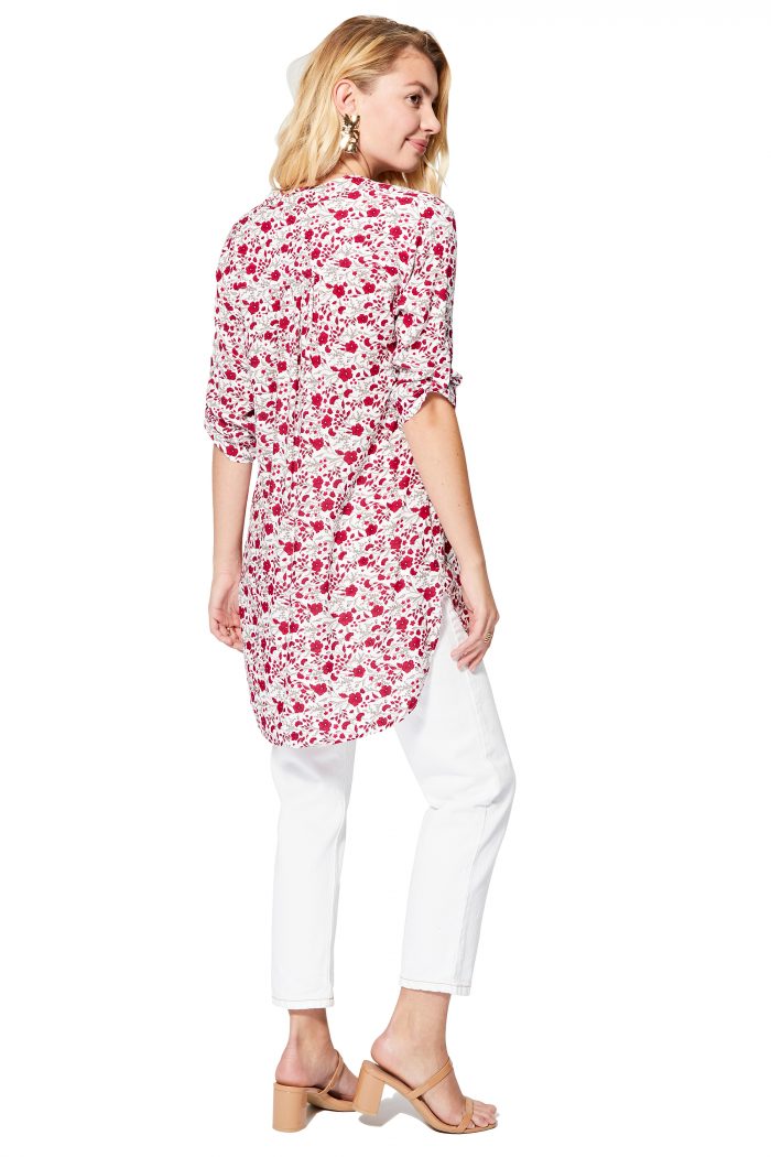 Blouse longue blanche à fleurs rouges - CHIPV0002B – Image 2