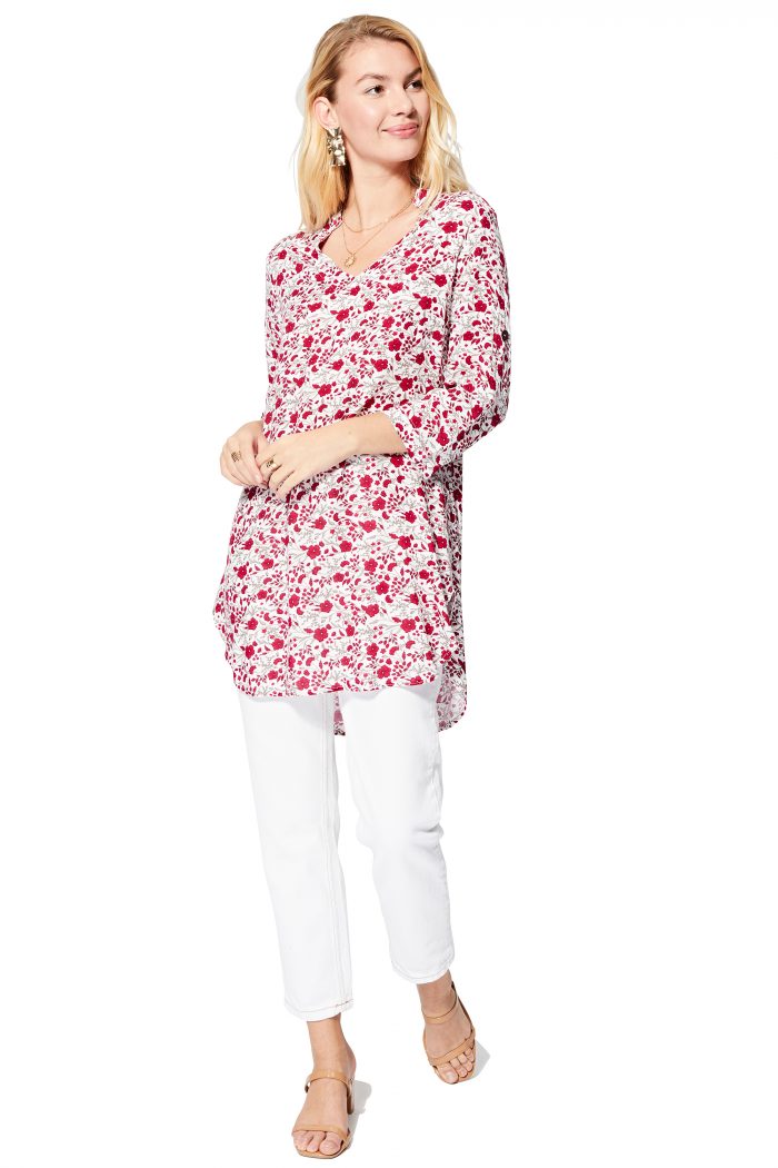 Blouse longue blanche à fleurs rouges - CHIPV0002B – Image 1