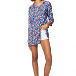 Blouse longue bleue à fleurs rouges et blanches - CHIPV0002C