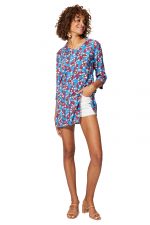 Blouse longue bleue à fleurs rouges et blanches - CHIPV0002C