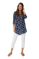 Blouse longue bleue marine à fleurs blanches et bleues - CHV0101B