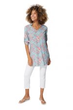 Blouse longue bleue à fleurs de cerisiers - CHV0101C