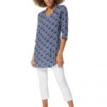 Blouse longue bleue à motifs ethniques blancs - CHV0101A