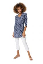 Blouse longue bleue à motifs ethniques blancs - CHV0101A