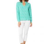 Blouse col en v vert turquoise à fleurs - TIPV0003A