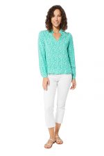 Blouse col en v vert turquoise à fleurs - TIPV0003A