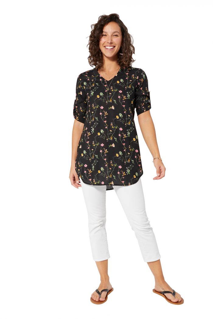 Blouse longue noire à fleurs - TIPV0005B – Image 1