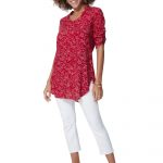Blouse longue rouge à fleurs blanches - CHV0101G