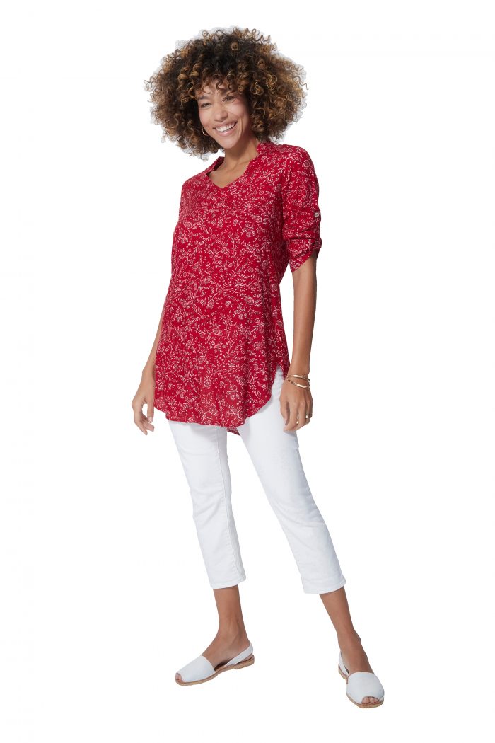Blouse longue rouge à fleurs blanches - CHV0101G – Image 1