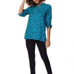 Blouse turquoise à fleurs roses - CHV0100G