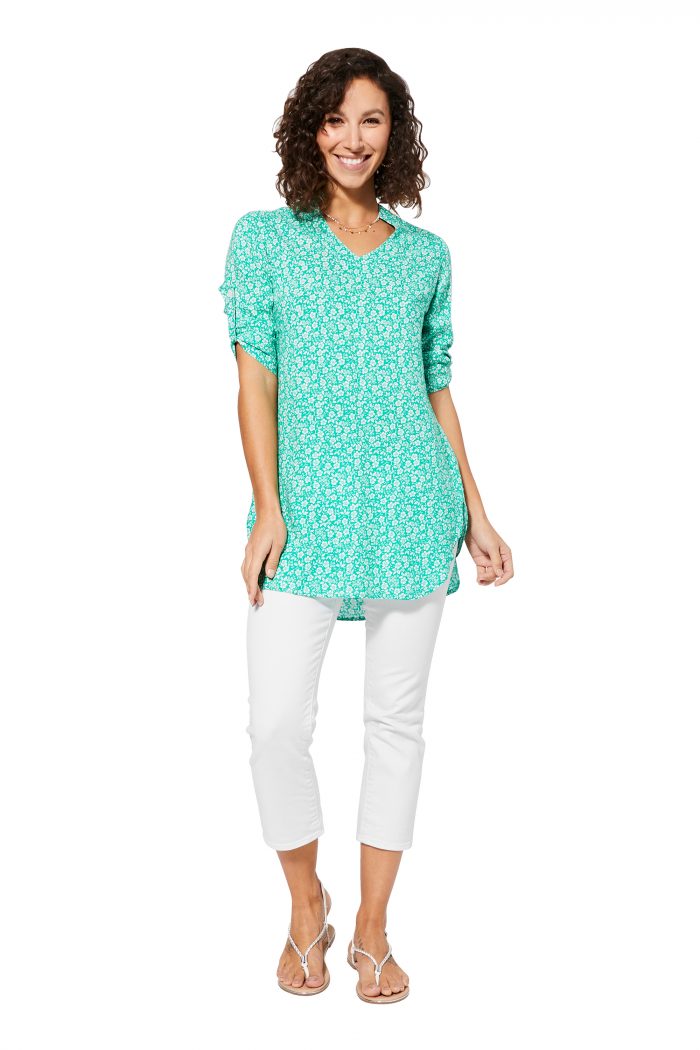 Blouse longue vert turquoise à fleurs - TIPV0005A – Image 1