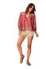 Blouse à manches bouffantes Rose ethnique - TIP0050A