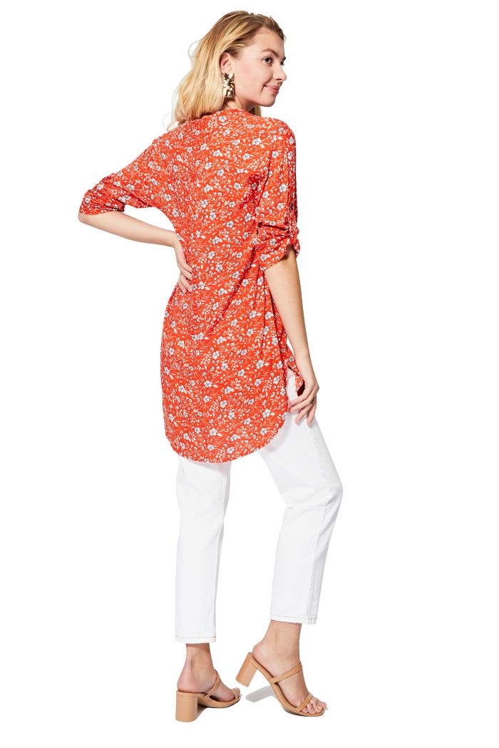 Blouse longue orange à fleurs - CHIPV0002D – Image 2