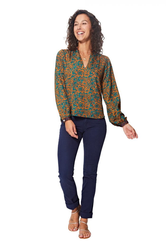 Blouse ethnique turquoise et orange - TIP0051B – Image 1