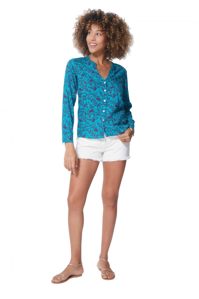 Chemisier Turquoise à fleurs roses - TOPV0100G – Image 1