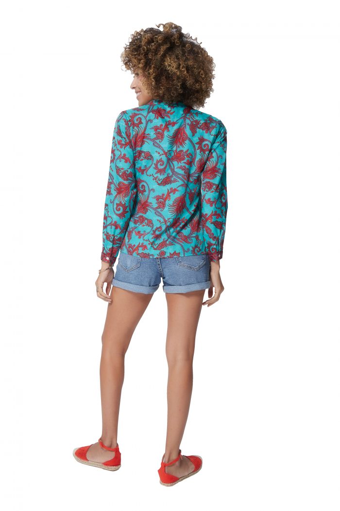 Chemisier turquoise à motifs ethniques rouges - MCTOP0033D – Image 2