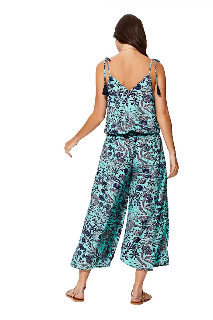 Combinaison à bretelles à nouer Bleue à fleurs ethniques - MCCO2000F – Image 2