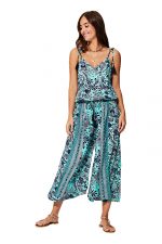 Combinaison à bretelles à nouer Bleue à fleurs ethniques - MCCO2000F