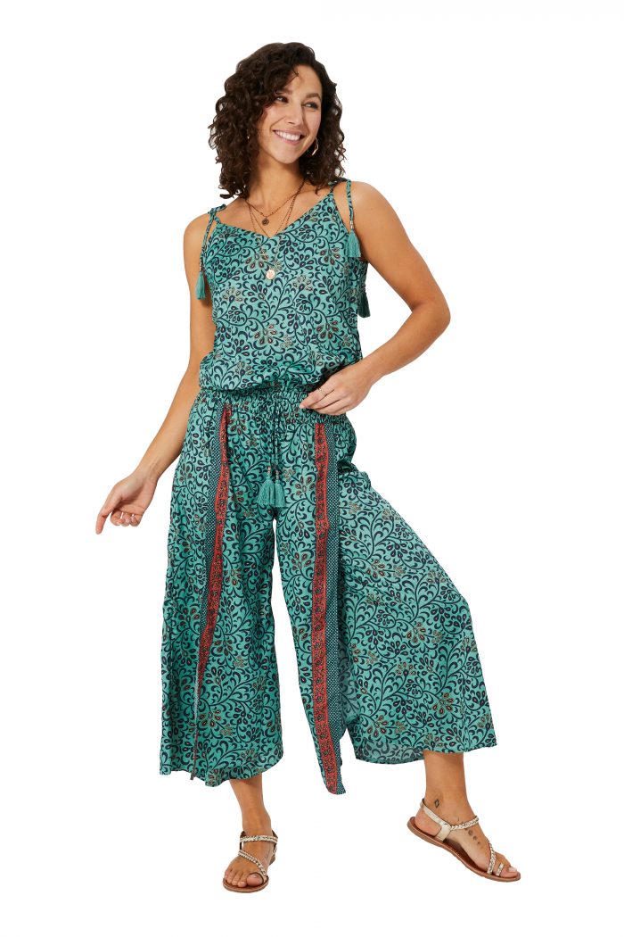 Combinaison à bretelles à nouer Turquoise à motifs ethniques - MCCO2000H – Image 1