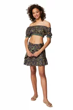 Ensemble jupe portefeuille et top bleu marine fleuri - ENS0004C