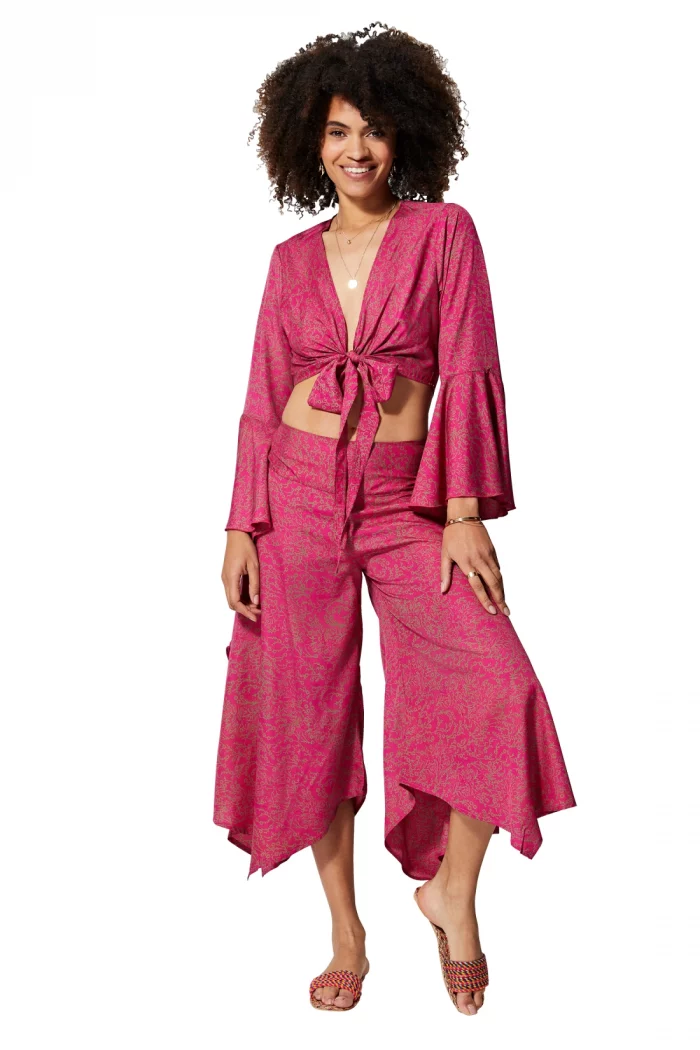 Ensemble bohème pantalon et top noué rose - ENS0005A – Image 1
