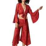 Ensemble bohème pantalon et top noué rouge - ENS0005B