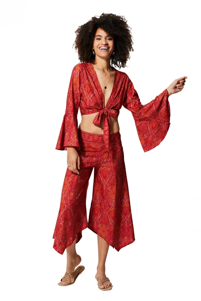 Ensemble bohème pantalon et top noué rouge - ENS0005B – Image 1