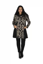 Tunique à col roulé Noire à motifs ethniques beiges - TUP6031E