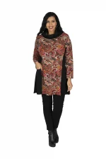 Tunique à col roulé Noire à motifs ethniques rouges - TUP6031G