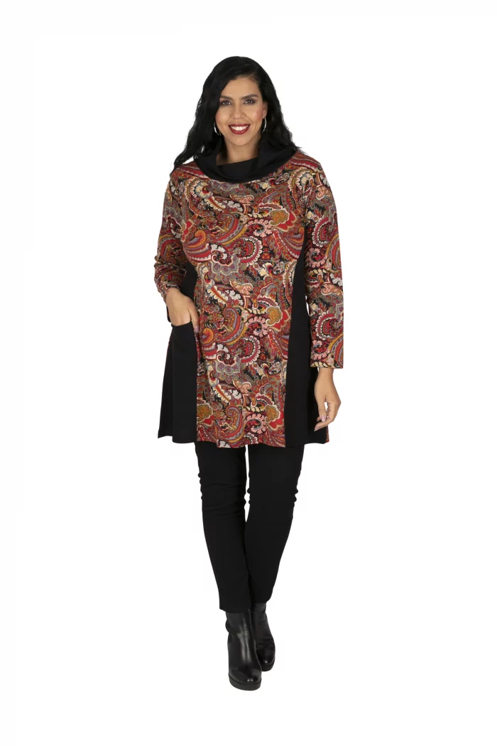 Tunique à col roulé Noire à motifs ethniques rouges - TUP6031G – Image 1