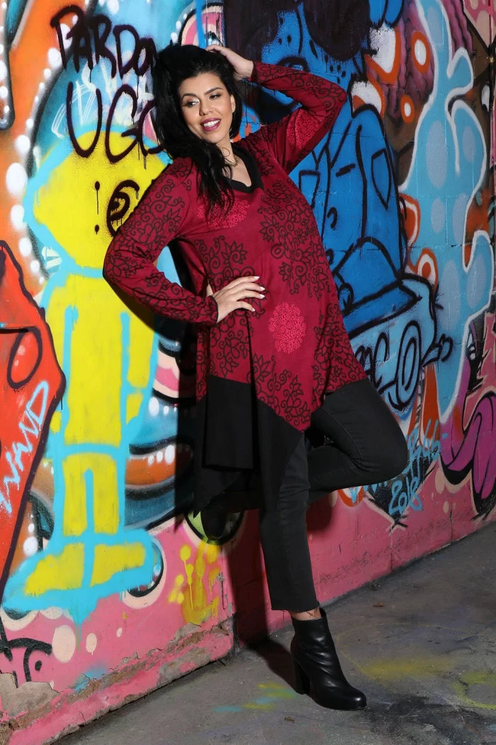 Tunique asymétrique Fuchsia à motifs noirs - TUP6012C – Image 3