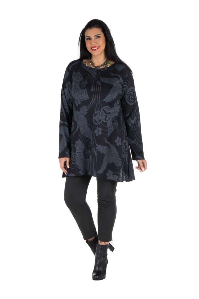 Tunique évasée Noire à motifs ethniques gris - TUP6011A – Image 1