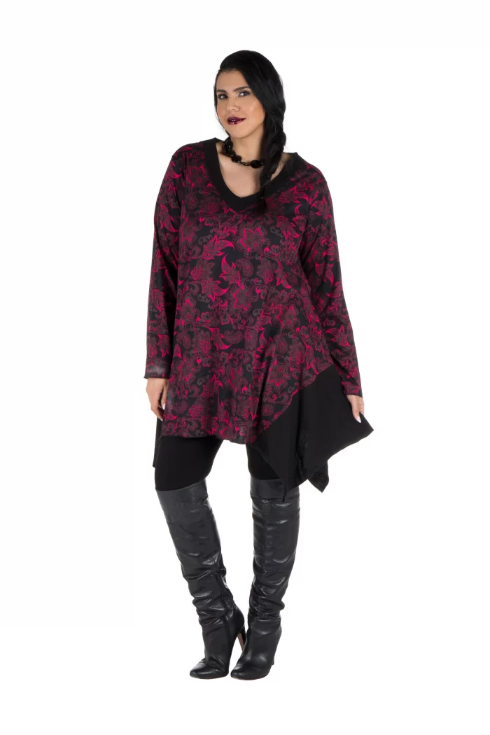 Tunique asymétrique Noire à motifs fuchsia - TUP6012A – Image 1