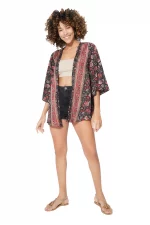 Kimono manches 3/4 noir motif rouge - KIMIP0001A