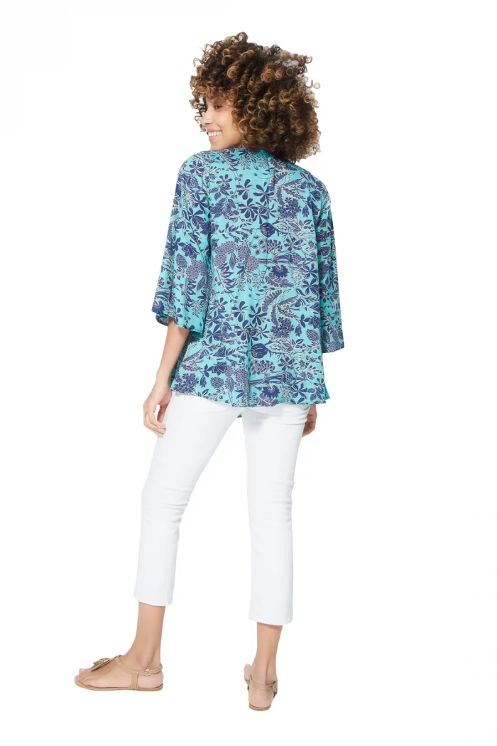 Kimono manches 3/4 bleu motif florale - KIMIP0001B – Image 2