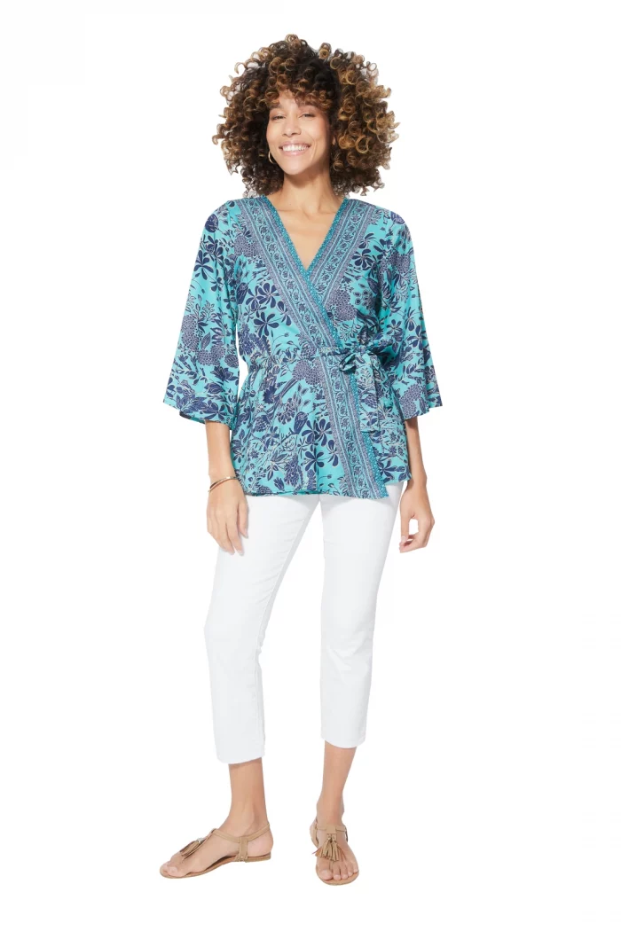 Kimono manches 3/4 bleu motif florale - KIMIP0001B – Image 3