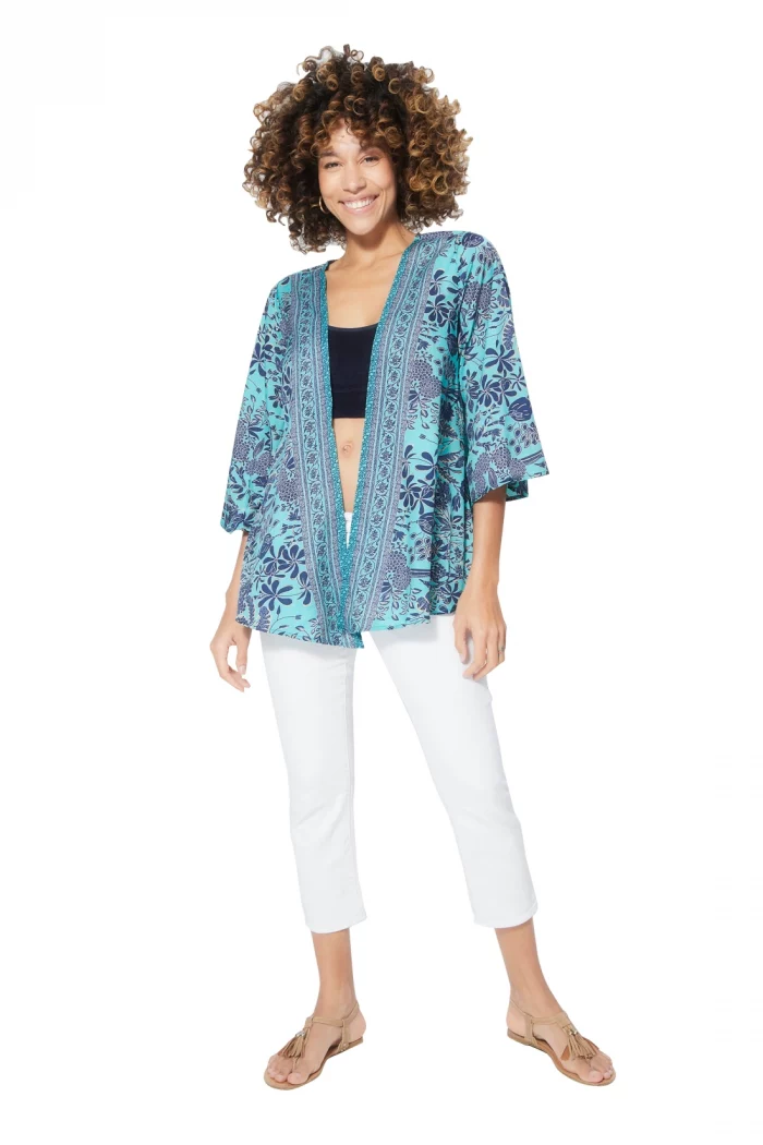 Kimono manches 3/4 bleu motif florale - KIMIP0001B – Image 1