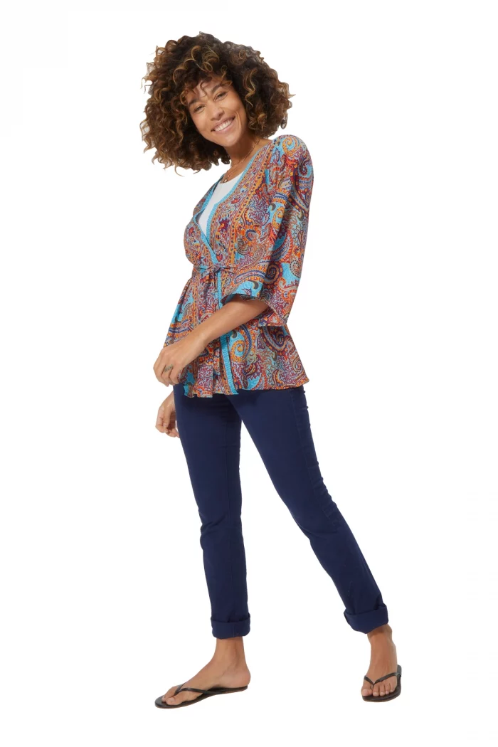 Kimono manches 3/4 bleu motif orange - KIMIP0001E – Image 2