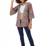 Kimono manches 3/4 bleu motif orange - KIMIP0001E