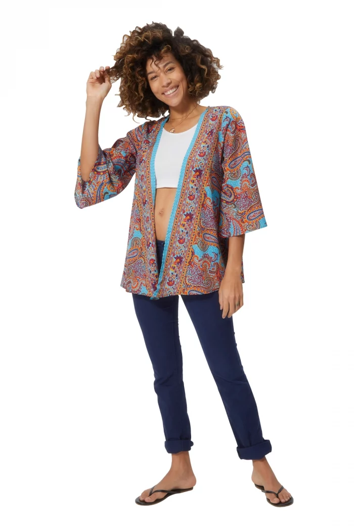 Kimono manches 3/4 bleu motif orange - KIMIP0001E – Image 1
