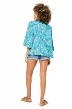 Kimono manches 3/4 bleu motif végétal- KIMIP0002A – Image 2