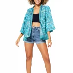 Kimono manches 3/4 bleu motif végétal- KIMIP0002A